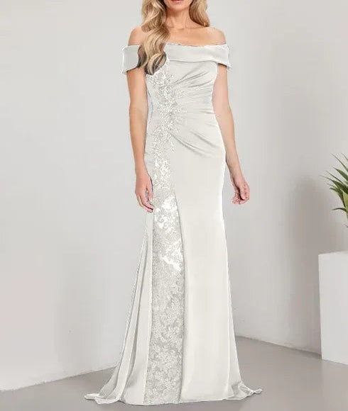 A-Line Off the Shoulder Floor-Length Mother of the Bride Dress Applique Beadings Mermaid Dress With High Split