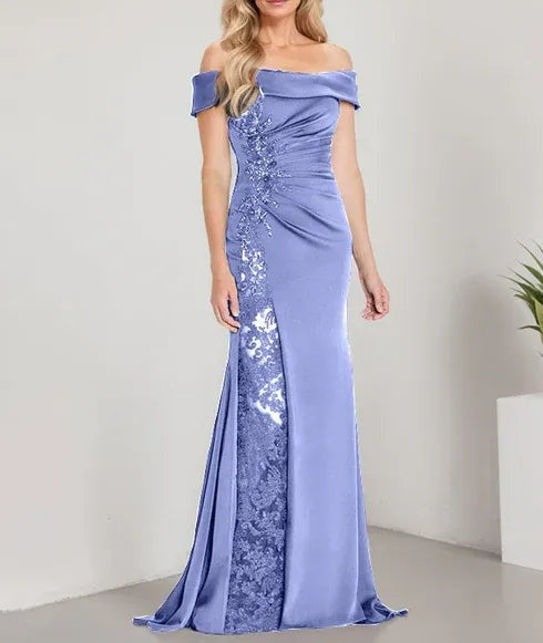 A-Line Off the Shoulder Floor-Length Mother of the Bride Dress Applique Beadings Mermaid Dress With High Split