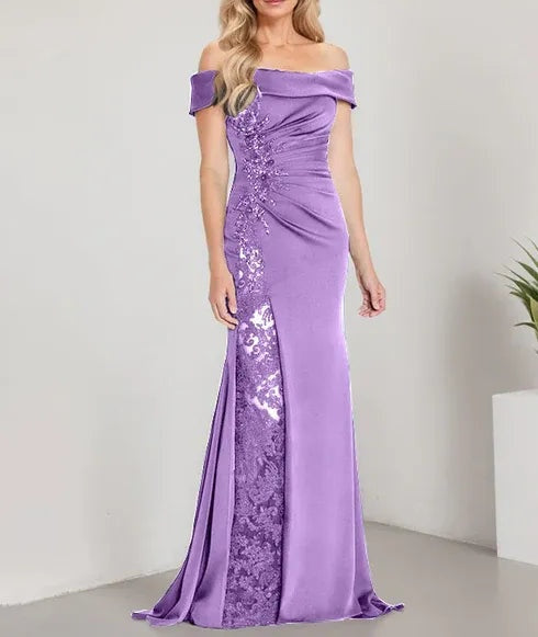 A-Line Off the Shoulder Floor-Length Mother of the Bride Dress Applique Beadings Mermaid Dress With High Split