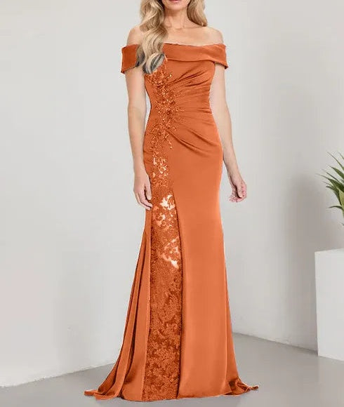 A-Line Off the Shoulder Floor-Length Mother of the Bride Dress Applique Beadings Mermaid Dress With High Split