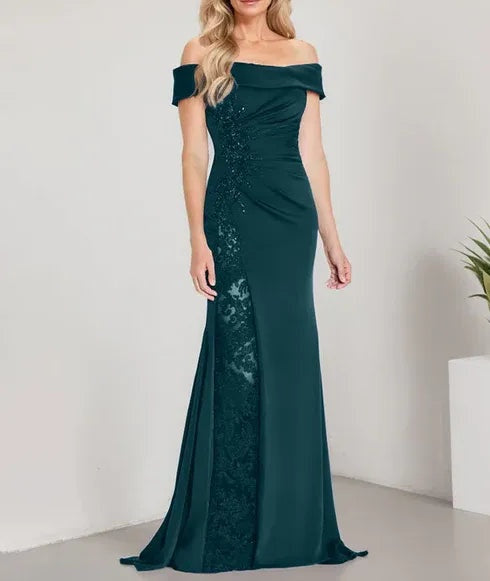 A-Line Off the Shoulder Floor-Length Mother of the Bride Dress Applique Beadings Mermaid Dress With High Split