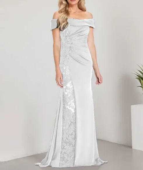 A-Line Off the Shoulder Floor-Length Mother of the Bride Dress Applique Beadings Mermaid Dress With High Split