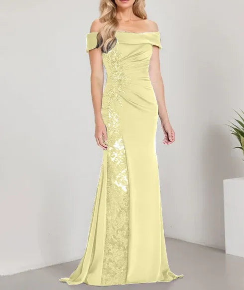 A-Line Off the Shoulder Floor-Length Mother of the Bride Dress Applique Beadings Mermaid Dress With High Split
