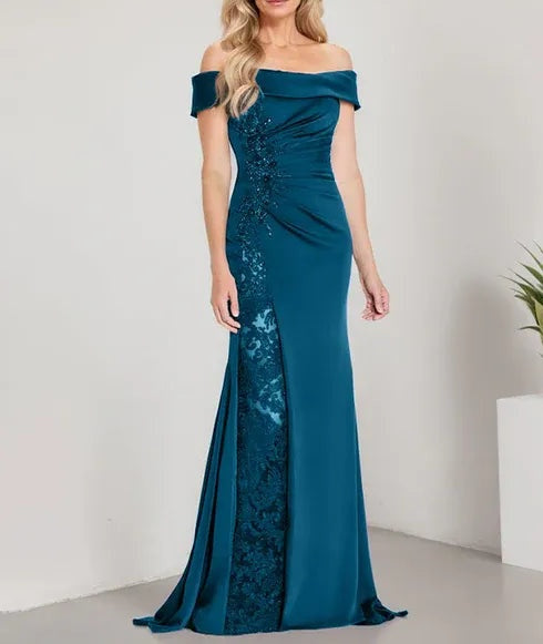 A-Line Off the Shoulder Floor-Length Mother of the Bride Dress Applique Beadings Mermaid Dress With High Split