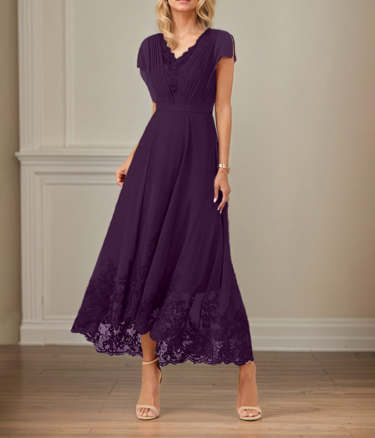 A Line V Neck Flutter Sleeve Ankle Length Chiffon Dress With Appliques