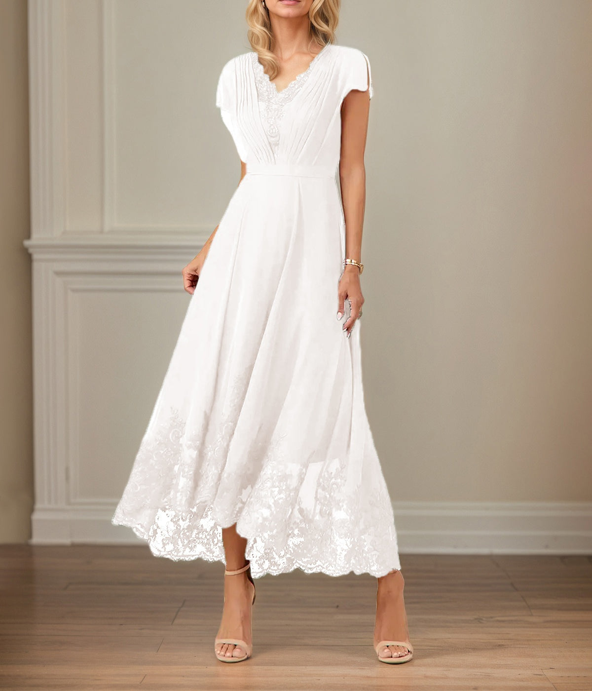 A Line V Neck Flutter Sleeve Ankle Length Chiffon Dress With Appliques