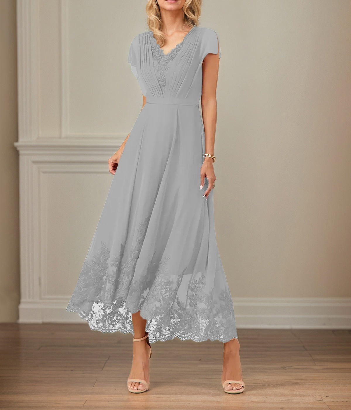 A Line V Neck Flutter Sleeve Ankle Length Chiffon Dress With Appliques