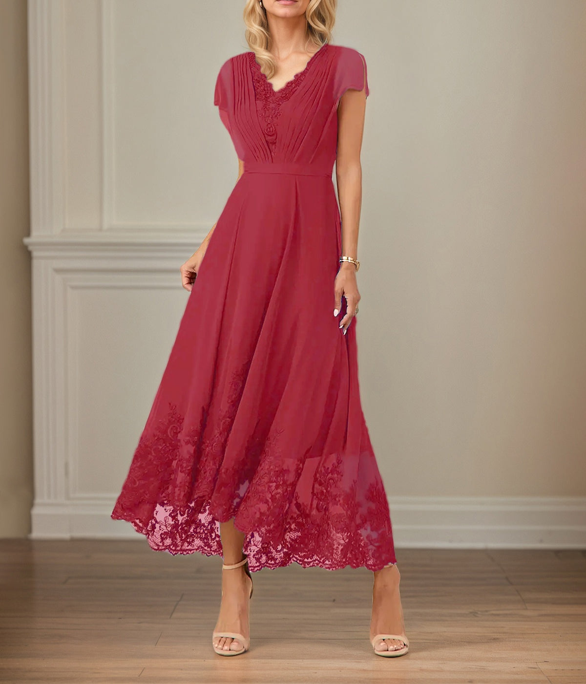 A Line V Neck Flutter Sleeve Ankle Length Chiffon Dress With Appliques