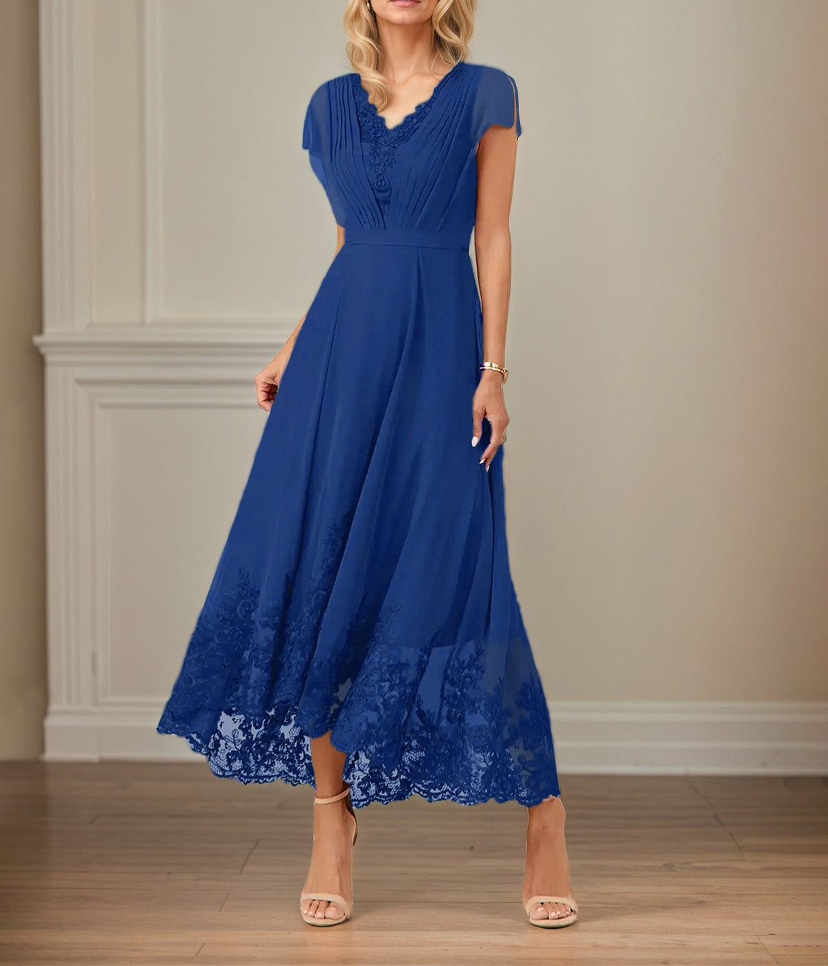 A Line V Neck Flutter Sleeve Ankle Length Chiffon Dress With Appliques