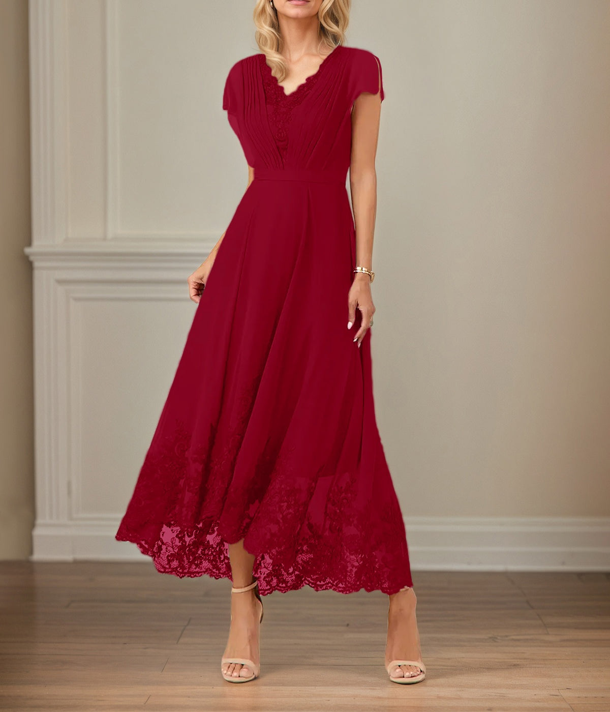 A Line V Neck Flutter Sleeve Ankle Length Chiffon Dress With Appliques