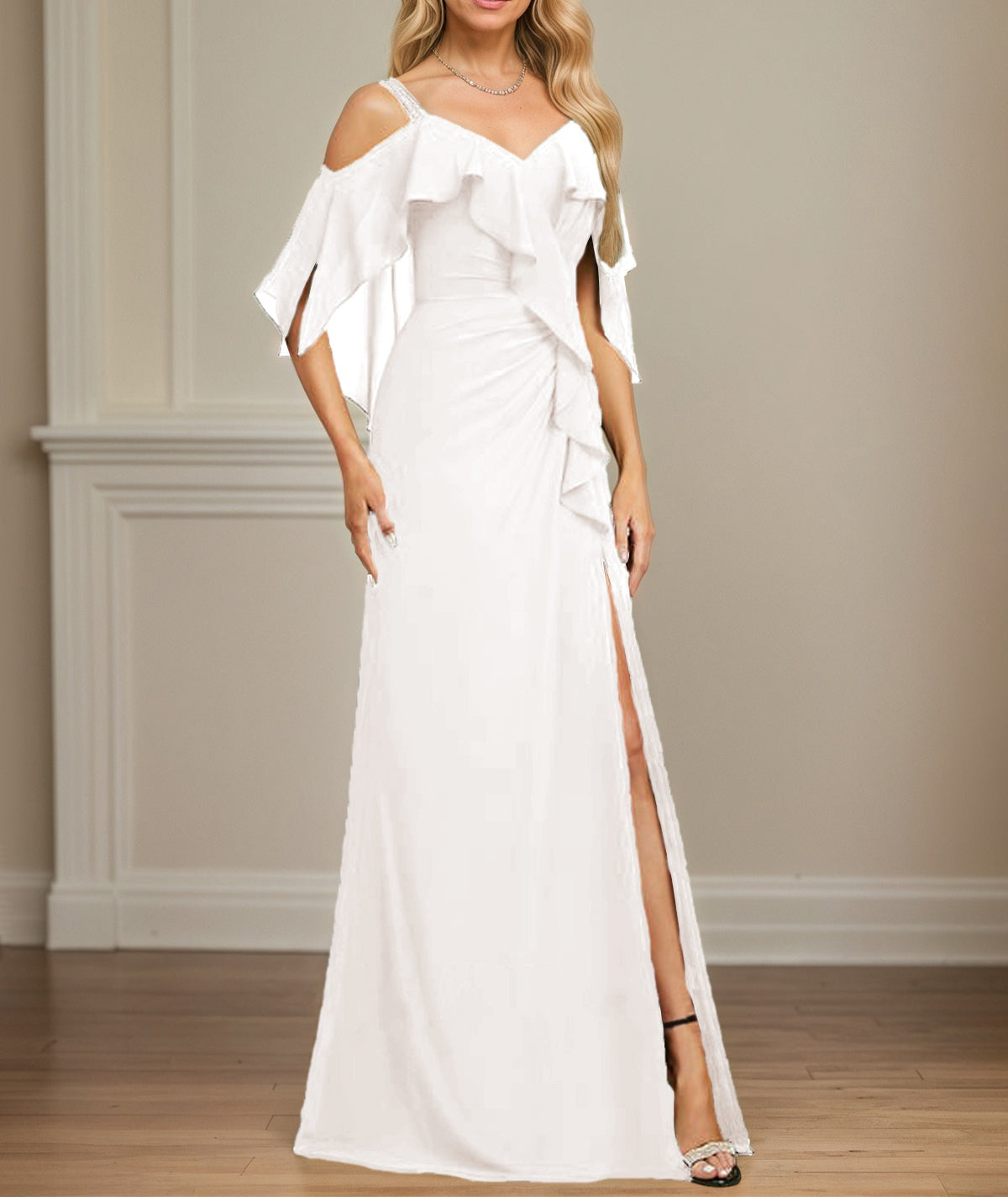 Sheath/Column Cold Shoulder V-Neck Floor-Length Chiffon Dress With Cascading Ruffles Sequins Beading