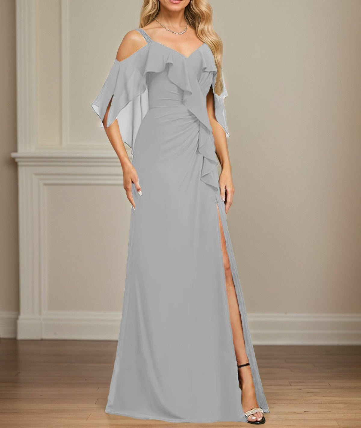 Sheath/Column Cold Shoulder V-Neck Floor-Length Chiffon Dress With Cascading Ruffles Sequins Beading
