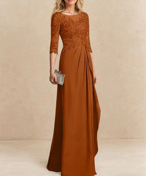 A-line Scoop Illusion Floor-Length Chiffon Lace Mother of the Bride Dress With Beading Sequins Cascading Ruffles
