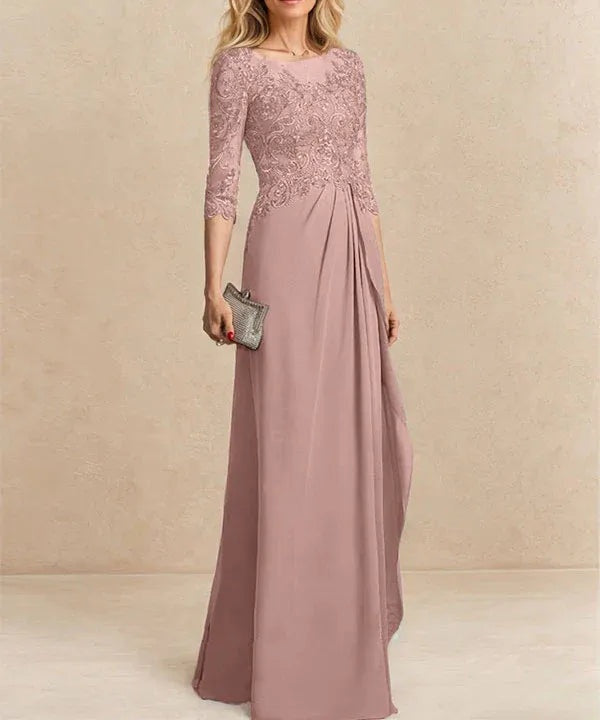 A-line Scoop Illusion Floor-Length Chiffon Lace Mother of the Bride Dress With Beading Sequins Cascading Ruffles