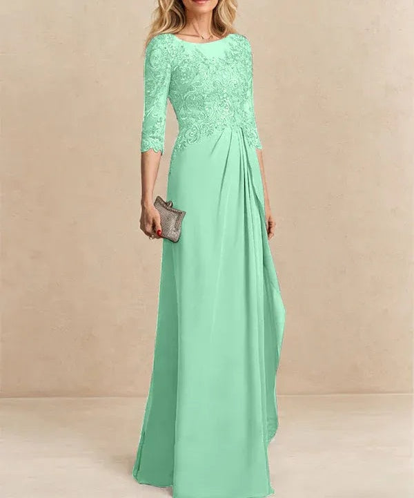 A-line Scoop Illusion Floor-Length Chiffon Lace Mother of the Bride Dress With Beading Sequins Cascading Ruffles