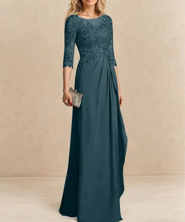 A-line Scoop Illusion Floor-Length Chiffon Lace Mother of the Bride Dress With Beading Sequins Cascading Ruffles