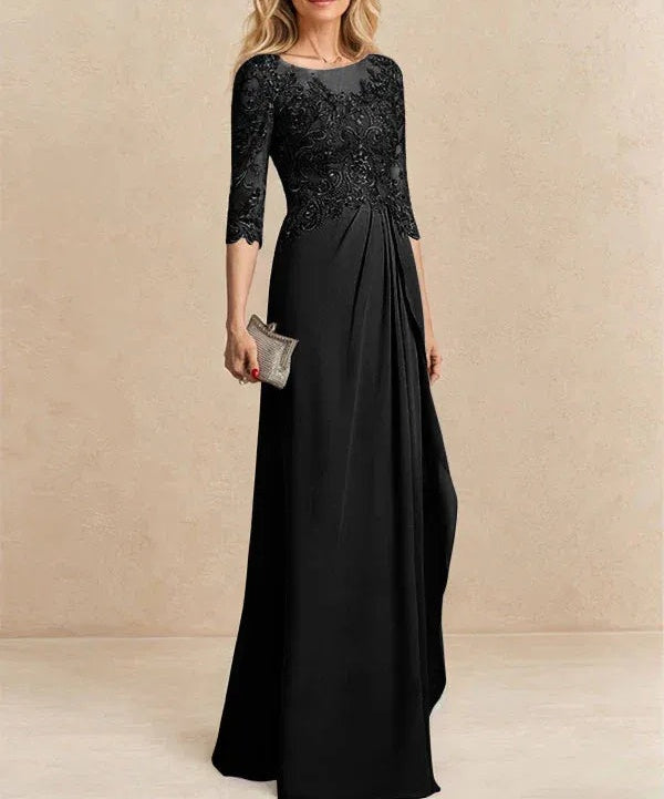 A-line Scoop Illusion Floor-Length Chiffon Lace Mother of the Bride Dress With Beading Sequins Cascading Ruffles