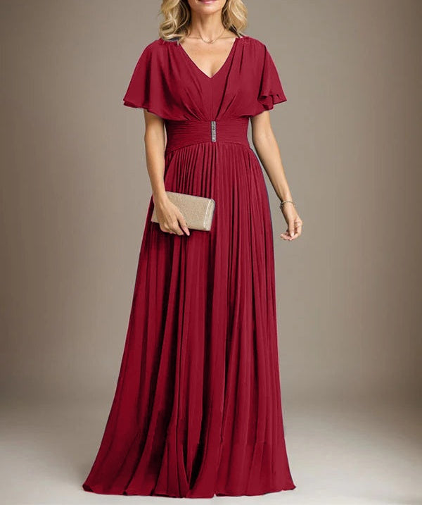 A-line V-Neck Floor-Length Chiffon Mother of the Bride Dress With Crystal Brooch Pleated