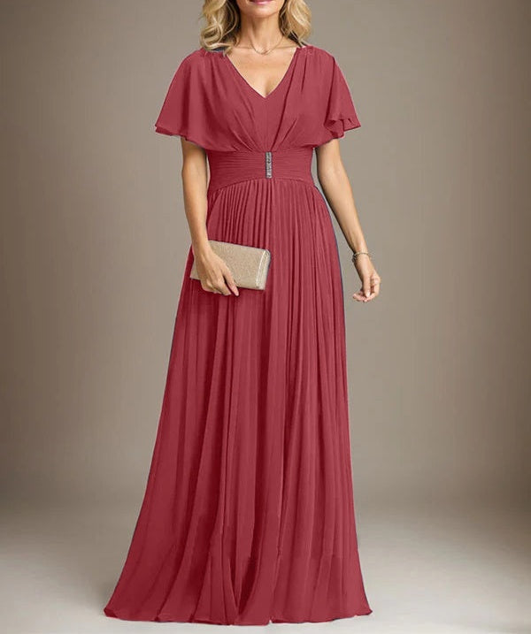 A-line V-Neck Floor-Length Chiffon Mother of the Bride Dress With Crystal Brooch Pleated