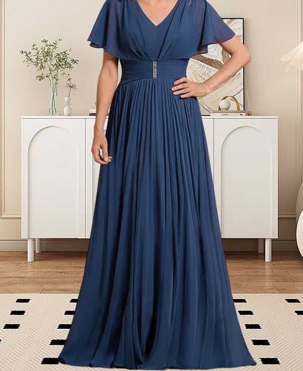 A-line V-Neck Floor-Length Chiffon Mother of the Bride Dress With Crystal Brooch Pleated