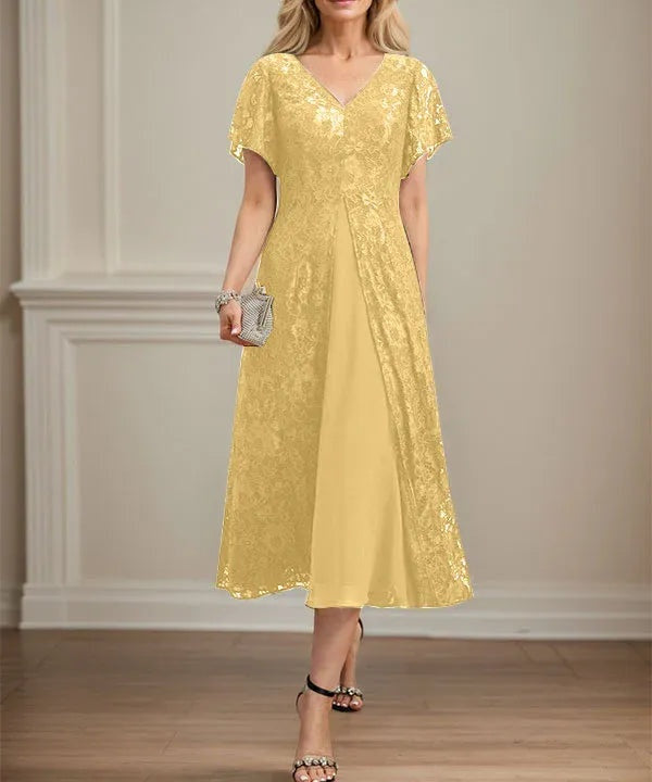 A-line V-Neck Tea-Length Lace Chiffon Mother of the Bride Dress