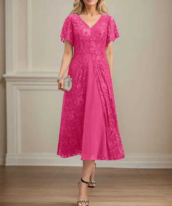 A-line V-Neck Tea-Length Lace Chiffon Mother of the Bride Dress