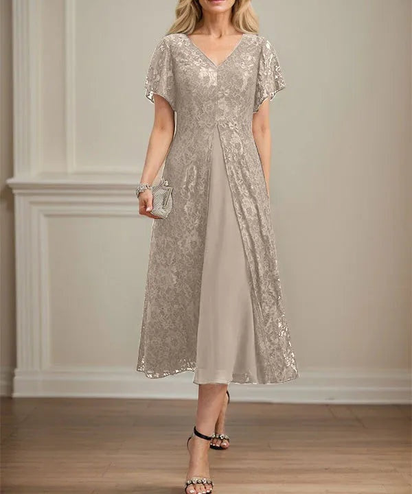 A-line V-Neck Tea-Length Lace Chiffon Mother of the Bride Dress