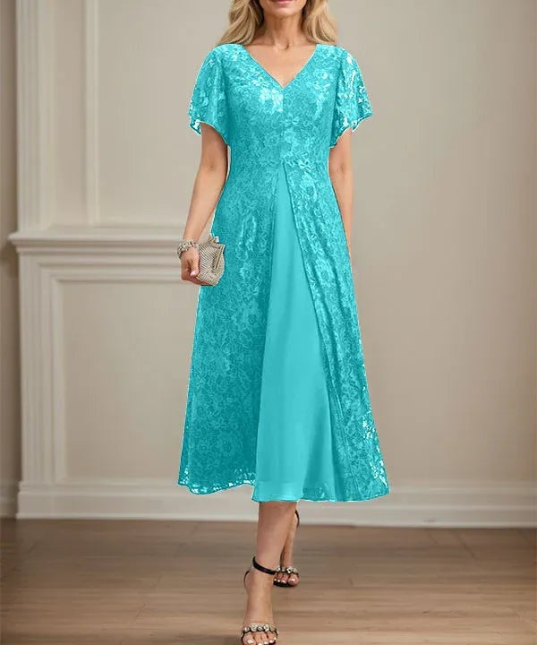 A-line V-Neck Tea-Length Lace Chiffon Mother of the Bride Dress