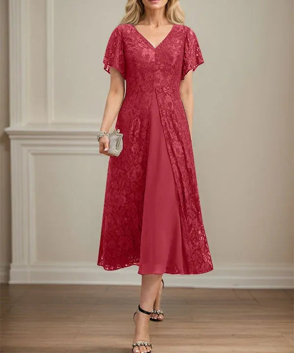 A-line V-Neck Tea-Length Lace Chiffon Mother of the Bride Dress