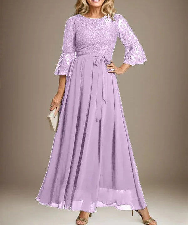 A-line Scoop Ankle-Length Lace Chiffon Mother of the Bride Dress With Bow