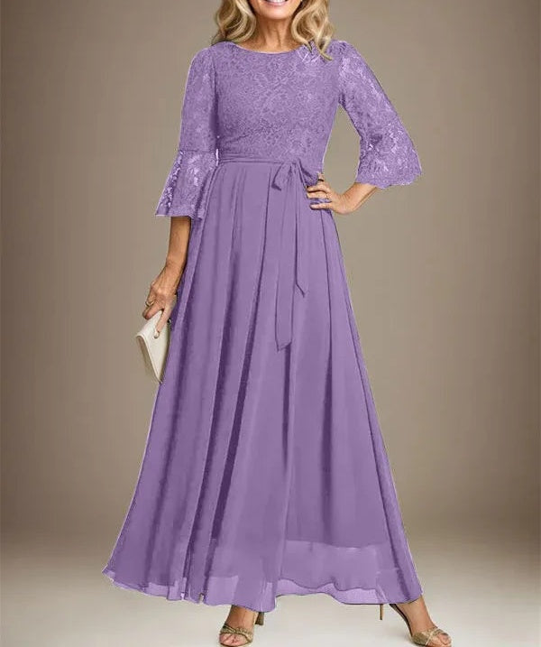 A-line Scoop Ankle-Length Lace Chiffon Mother of the Bride Dress With Bow