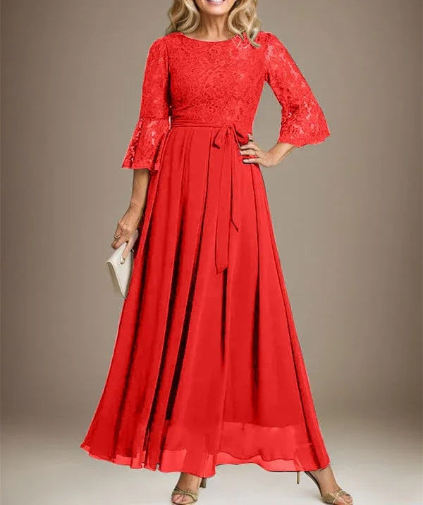 A-line Scoop Ankle-Length Lace Chiffon Mother of the Bride Dress With Bow