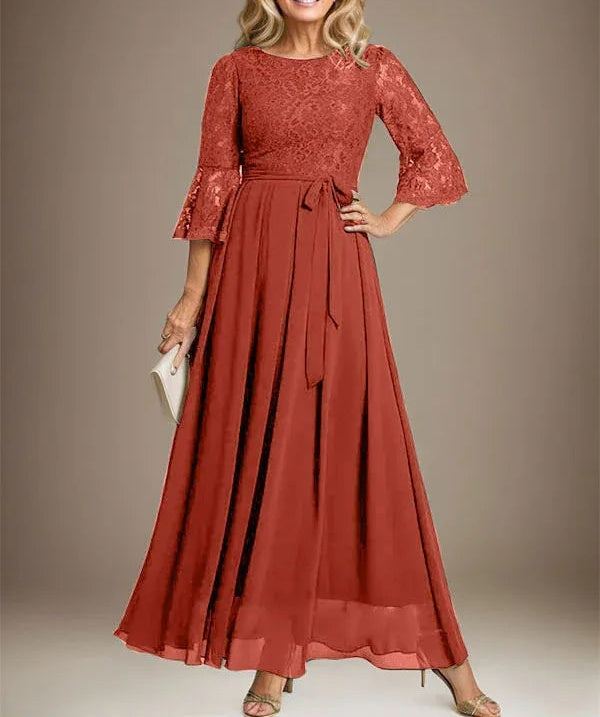 A-line Scoop Ankle-Length Lace Chiffon Mother of the Bride Dress With Bow