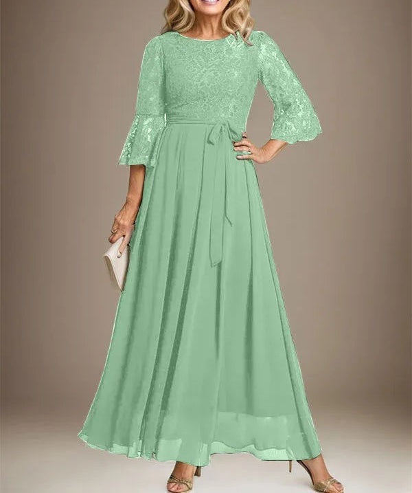 A-line Scoop Ankle-Length Lace Chiffon Mother of the Bride Dress With Bow