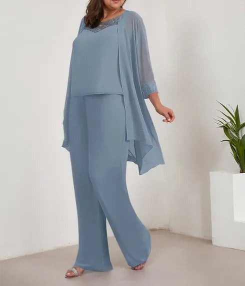 Chiffon Scoop Long Sleeves Mother Of The Bride Pantsuits With Jacket