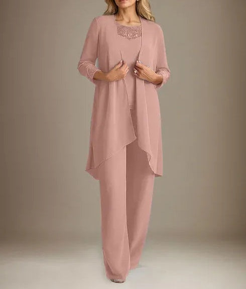 Chiffon Scoop Long Sleeves Mother Of The Bride Pantsuits With Jacket