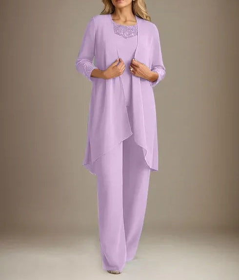Chiffon Scoop Long Sleeves Mother Of The Bride Pantsuits With Jacket