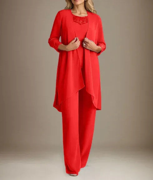 Chiffon Scoop Long Sleeves Mother Of The Bride Pantsuits With Jacket