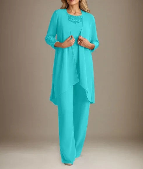 Chiffon Scoop Long Sleeves Mother Of The Bride Pantsuits With Jacket