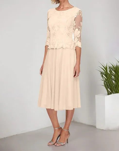 A-line Scoop Tea-Length Lace Chiffon Mother of the Bride Dress With Embroidery