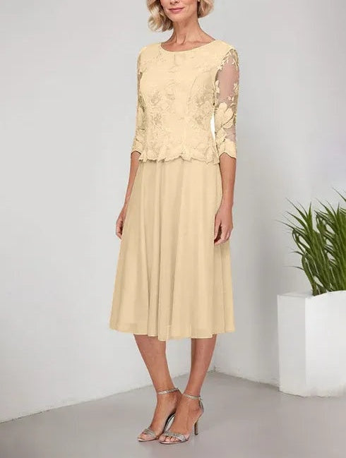 A-line Scoop Tea-Length Lace Chiffon Mother of the Bride Dress With Embroidery