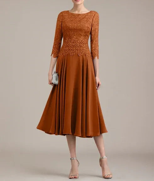 A-line Scoop Tea-Length Lace Chiffon Mother of the Bride Dress