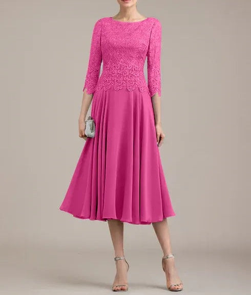 A-line Scoop Tea-Length Lace Chiffon Mother of the Bride Dress