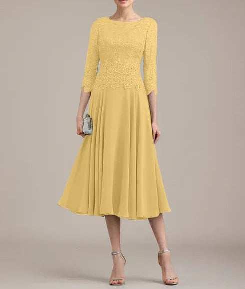 A-line Scoop Tea-Length Lace Chiffon Mother of the Bride Dress