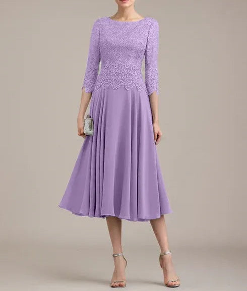 A-line Scoop Tea-Length Lace Chiffon Mother of the Bride Dress