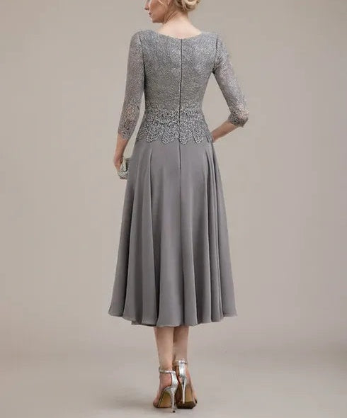 A-line Scoop Tea-Length Lace Chiffon Mother of the Bride Dress