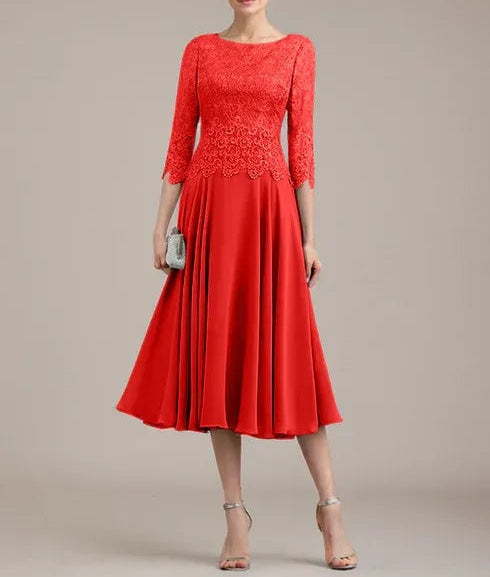 A-line Scoop Tea-Length Lace Chiffon Mother of the Bride Dress