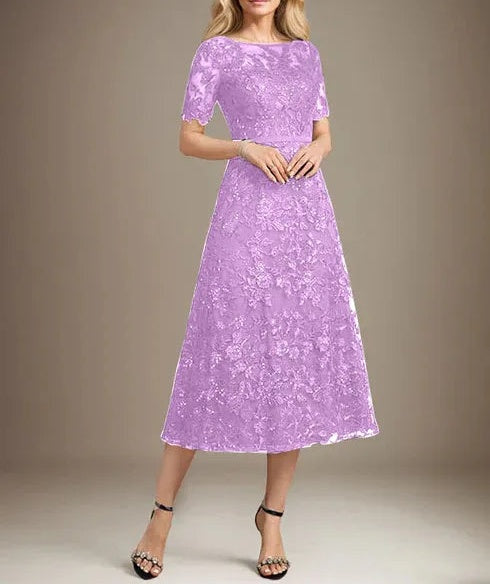 A-line Scoop Illusion Tea-Length Lace Mother of the Bride Dress With Sequins