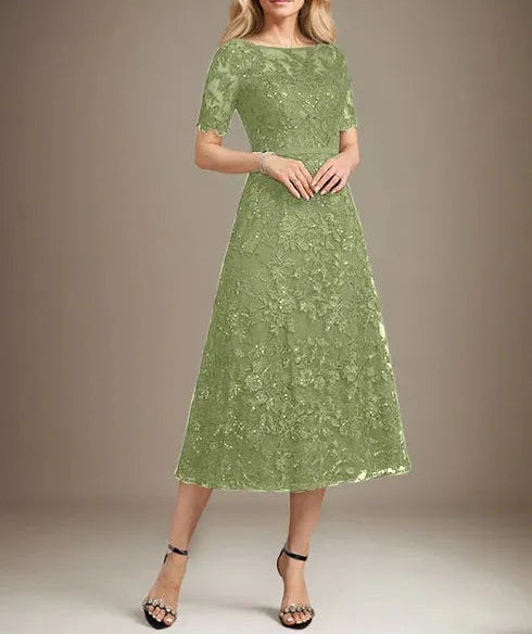 A-line Scoop Illusion Tea-Length Lace Mother of the Bride Dress With Sequins