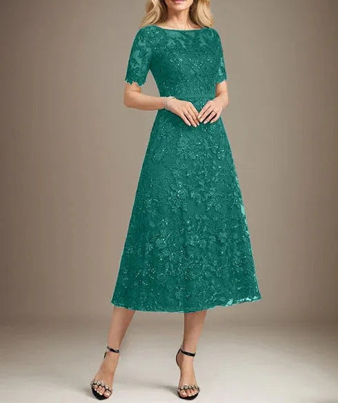 A-line Scoop Illusion Tea-Length Lace Mother of the Bride Dress With Sequins